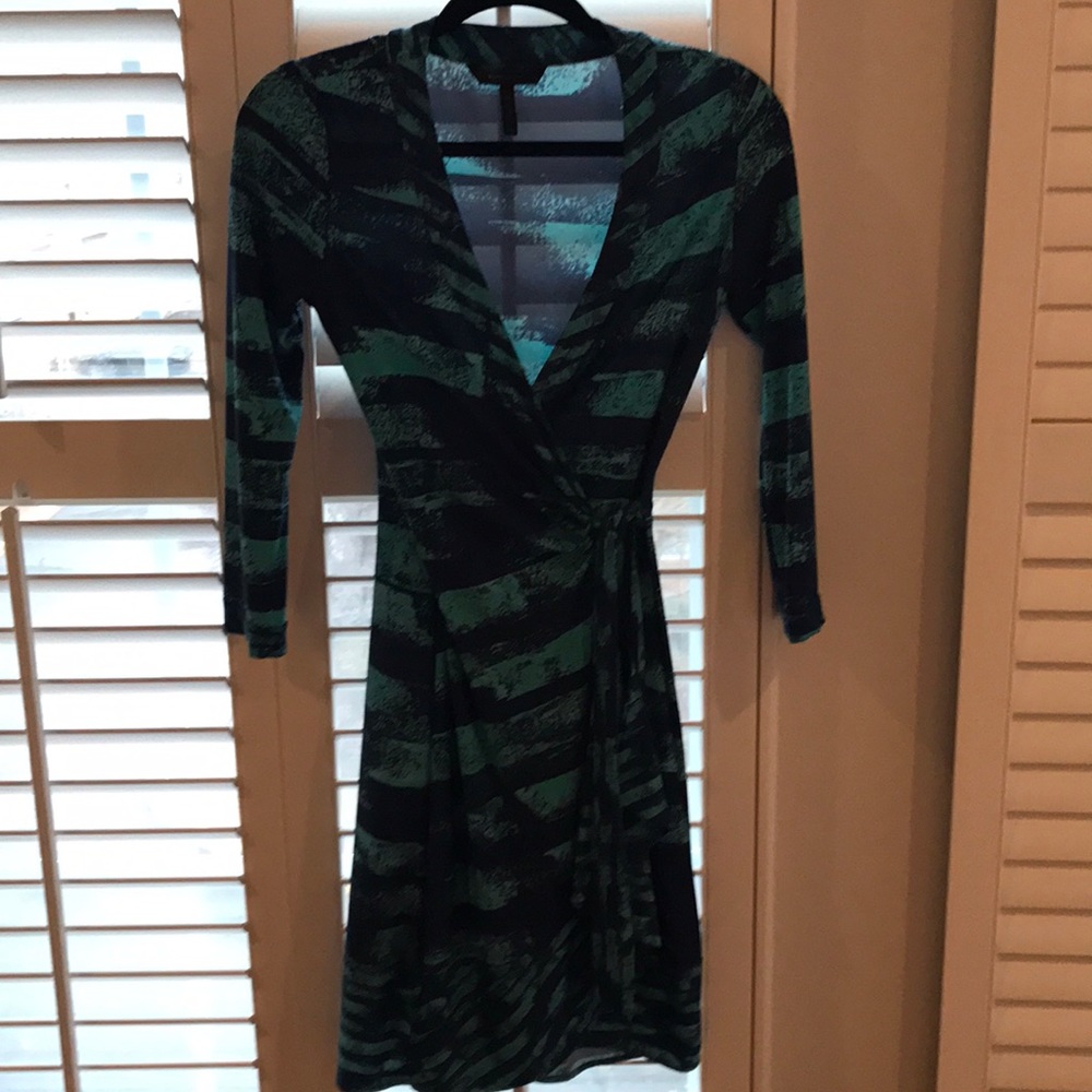 BCBG wrap dress, navy and turquoise